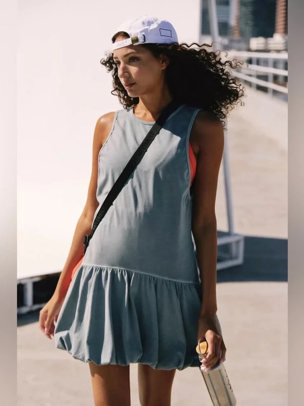 Sleeveless Blue Cotton Ruffle Mini Dress with Deep V Back - Picture 2 of 4